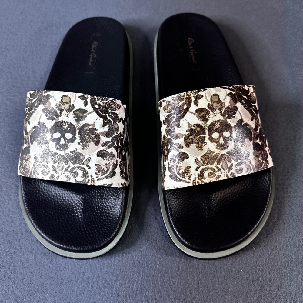 Robert Graham Mens Skull Damask Print Slide Sandals Black Cream Size 11
